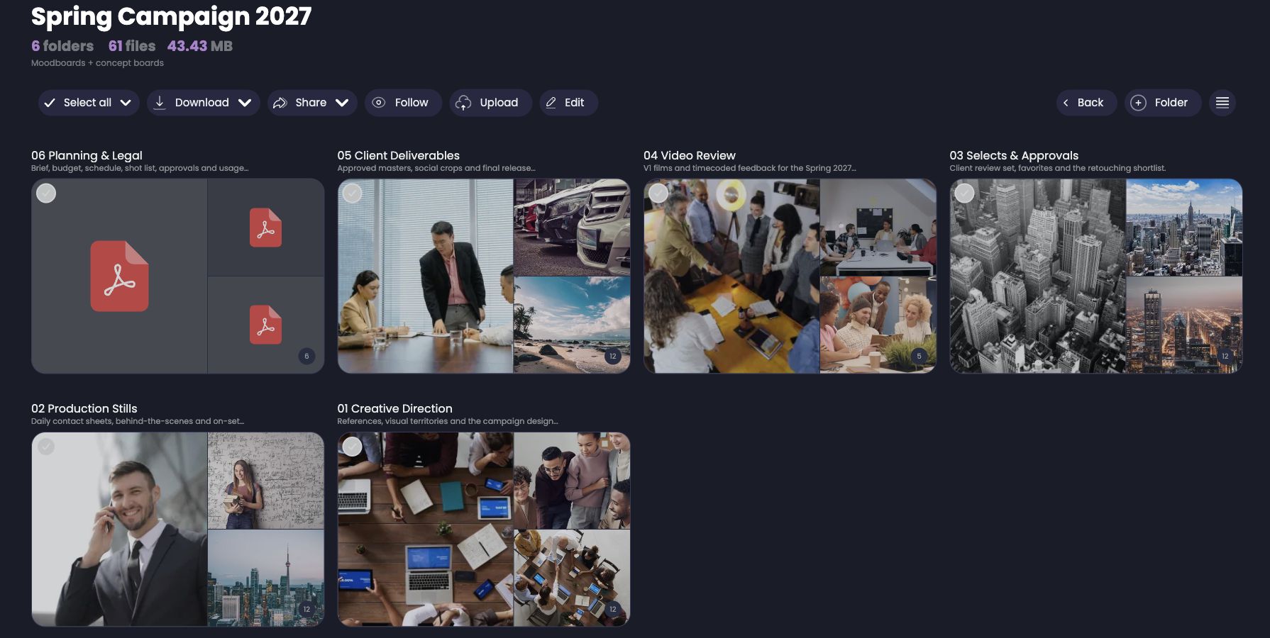 Campanie Nivlo cu foldere pentru documente PDF, producție video, selecții și livrabile.